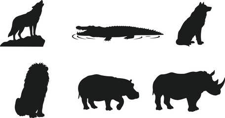 Wild animal silhouettes collection, wolf, crocodile, lion, hippopotamus, rhinoceros, black vector illustration, jungle wildlife, predator graphic, safari animal design