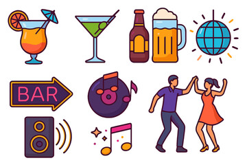Party and nightlife icon set. Vector illustrations of a dancing couple, cocktails, beer, and a disco ball. Bar, music, and celebration symbols for design elements. Flat cartoon style.