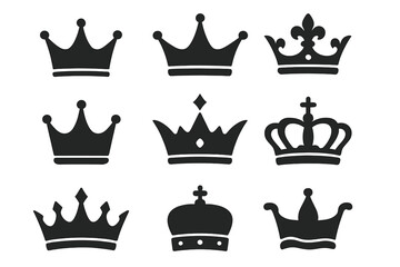 Crown silhouette vector icon set. Royal king, queen, princess tiara symbols. Luxury, power, and victory signs. Heraldic monarchy logo elements. Black flat design pack.