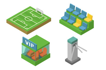 Obraz premium Soccer stadium isometric icon set. Football field, tribune seats, VIP box and turnstile entrance. Vector illustration elements for sport game, match, or championship design.