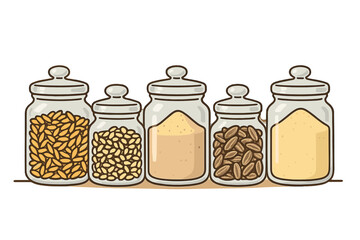 Glass storage jars with grains, seeds, nuts, and powders. Vector cartoon of kitchen pantry organization. Healthy eating, zero waste, and eco-friendly lifestyle concept.