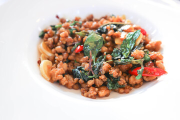 stir fried pork with sweet basil or stir fried ground pork or minced pork