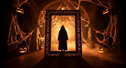 Eerie Halloween scene with glowing jack o' lanterns spooky cobwebs and a cloaked figure