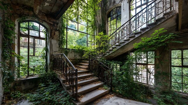 Rustic Staircase in Abandoned Building with Overgrown Greenery and Large Windows .