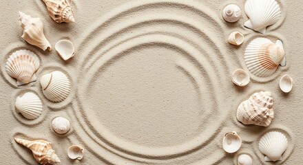 Obraz na płótnie Canvas Beautiful Seashells Arranged on Sandy Beach with Circular Pattern, Top View