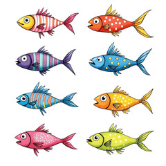 Fototapeta premium Cute cartoon collection of colorful fish and goldfish swimming underwater