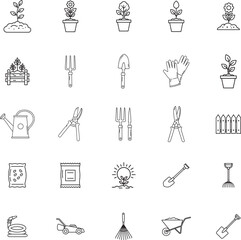 Collection of hand drawn garden tools and plants icons