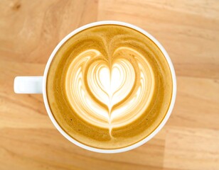 Latte art heart on light wooden table