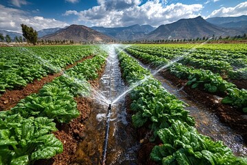 Water sprays onto lush green rows of crops in an agricultural field, showcasing a modern irrigation system against a backdrop of mountains, highlighting efficient farming practices