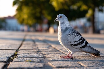 Fototapeta premium Light gray pigeon in city light, Standing on textured stone ground