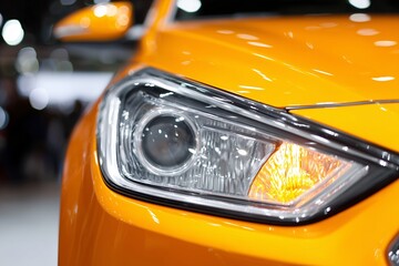 Orange car headlight closeup, Modern vehicle detail at auto show
