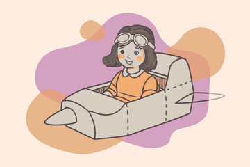 Girl in pilot uniform sitting in cardboard “cockpit” airplane, looking out window with dreamy eyes