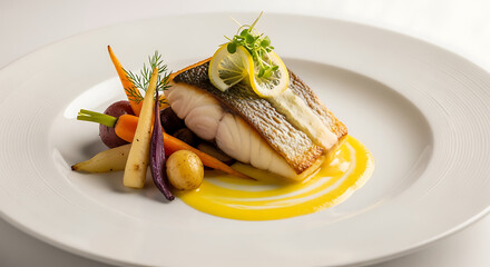 Gourmet Seared Fish Fillet with Roasted Root Vegetables and Lemon