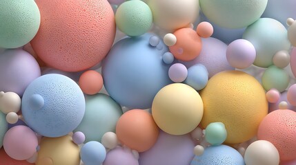 Soothing pastel hues with scattered geometric bubbles create calming and playful atmosphere. This vibrant composition features soft colors and various sizes of spheres, enhancing .