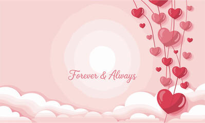 Pink hearts floating on a light pink background with clouds and text love valentine
