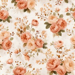 Delicate peach rose bouquet pattern with small buds and leaves floral seamless