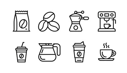 Set of eight minimalist black and white coffee icons coffee bag coffee beans