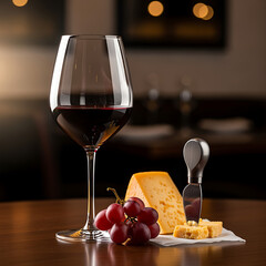 Naklejka premium Red wine in a glass with grapes and cheese on a wooden table in a