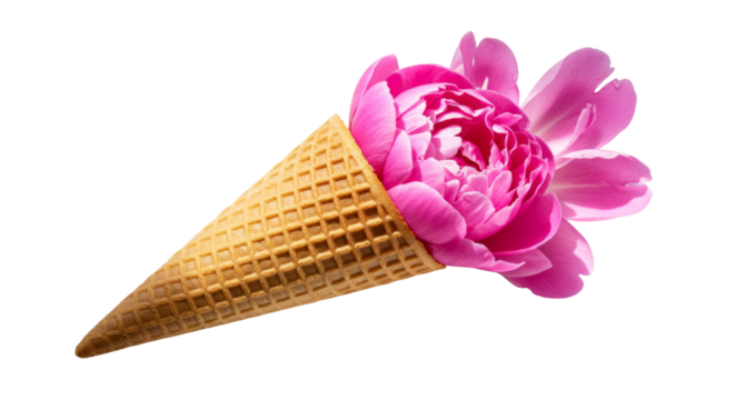 Pink flower in waffle ice cream cone isolated