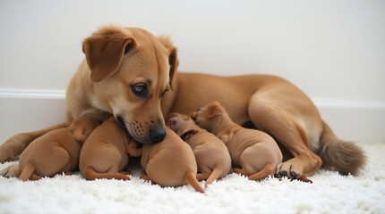 A mother dog nursing her puppies.