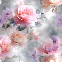 Dreamy floral pattern with pink and lavender roses and soft grey background image photo