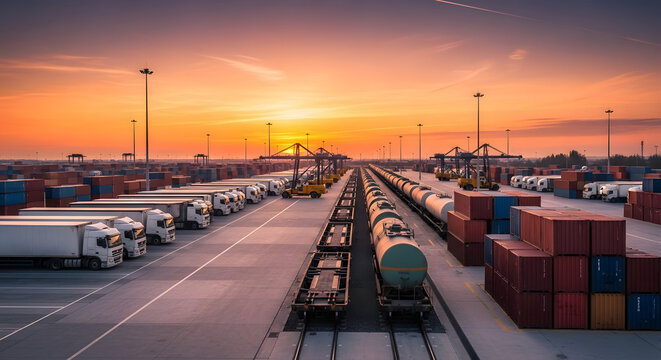 Intermodal Transportation at Sunset: Freight Train, Cargo Trucks, and Shipping Containers in Logistics Hub