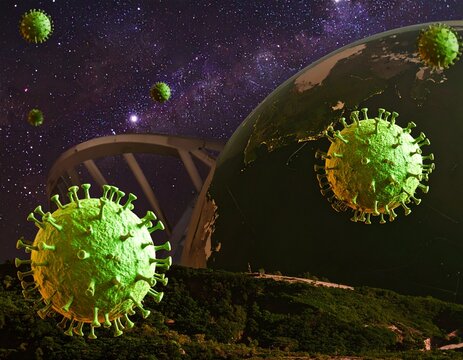 futuristic illustration of giant virus particles in outer space