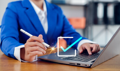 Businesswoman mark checkboxes, Survey form, check marks on checklist,Checklist concept.