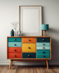 Fototapeta premium Colorful vintage cabinet with an empty poster frame ready for artistic expression in a cozy living room setting