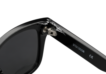 Ultra realistic macro shot of black premium sunglasses with a fractured hinge revealing a silver metal core, on a transparent background with soft bokeh, concept of product defect