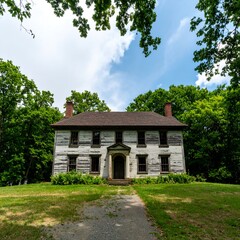 A weathered, two-story colonial-style house sits on a grassy lawn, framed by lush green trees under a partly cloudy sky