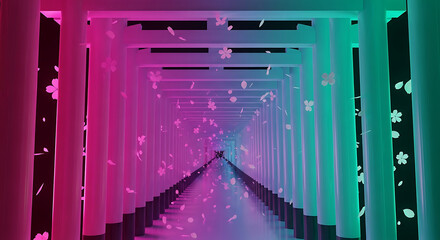 Fototapeta premium Experience a mesmerizing journey through a vibrant neon tunnel adorned with falling cherry blossoms, creating an ethereal and unforgettable atmosphere.
