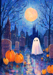 Cute ghost in the graveyard with a full moon on a rainy Halloween night