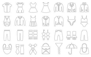 Line art icons of various clothing items and accessories, including dresses, jackets, pants, swimwear, bags, and an umbrella, arranged in a grid.