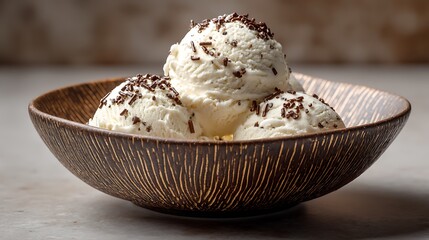Vegan Ice Cream Concept, Three scoops of creamy vanilla ice cream in a textured bowl, garnished with chocolate sprinkles. .