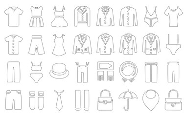 Outline icons depicting various clothing items, including shirts, dresses, jackets, pants, and accessories like hats, ties, and bags, arranged in neat rows.