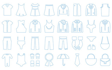 Line drawings of various clothing items and accessories on a white background, including shirts, dresses, shorts, suits, a tie, an umbrella, and bags.