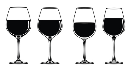 Four wine glasses filled with red wine in a row black and white
