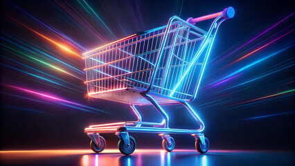 Futuristic shopping cart illuminated with neon lights, symbolizing online retail, ecommerce, and the fastpaced world of digital commerce and consumerism