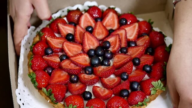 This close-up video showcases a beautifully decorated berry tart, brimming with vibrant strawberries and dark berries. The dessert is artfully arranged on a white doily within a cardboard box