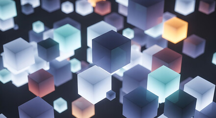 Captivating abstract glowing cubes drift in a futuristic digital space, symbolizing innovation, data, and connectivity.