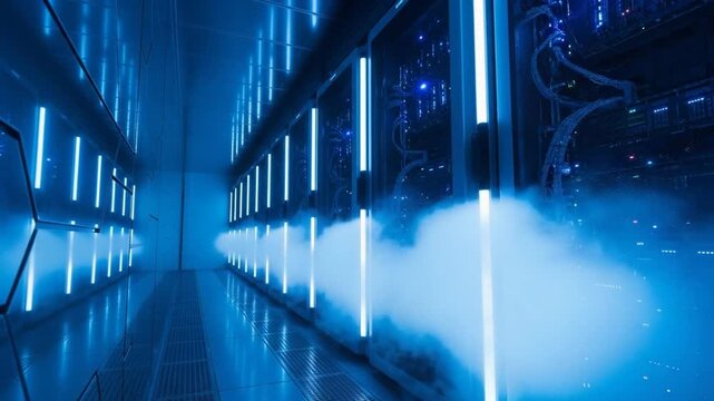 Data Center Servers Glowing in Blue with Cooling System Vapor