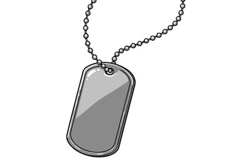 Dog tag necklace illustration, military ID tag artwork, metal chain pendant design, army accessory drawing, silver identification decor, soldier style graphic