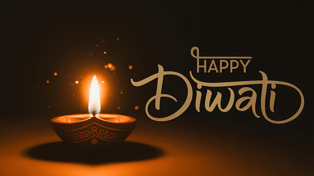 Photo of elegant happy diwali greeting card with glowing oil lamp on dark background for festive season celebration and traditional hindu culture