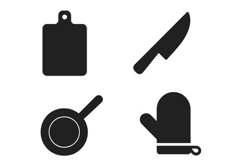 Solid kitchen utensils icon set including cutting board, chef knife, frying pan, oven mitt, essential cookware, modern simple vector illustration for cooking, baking, restaurant, food prep