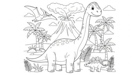 Prehistoric adventure coloring page with cute dinosaurs and tropical landscape