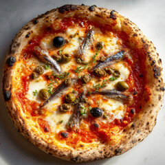 Pizza Napoletana with Tomato sauce, mozzarella, anchovies, olives, capers, oregano