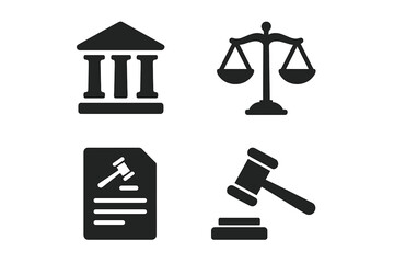 Legal icon set. Court building, courthouse, pillars, scales of justice, gavel, law document, legal contract, law paper, vector symbols. Justice, law firm, lawyer, attorney, legal services