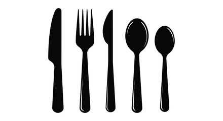 Black Silhouette of Cutlery Set Knife Fork Spoon and Teaspoon on White
