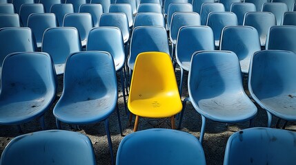 Yellow Chair Among Blue Chairs Minimalist Contrast, Unique Choice, Design ConceptYellow Chair Among Blue Chairs Minimalist Contrast, Unique Choice, Design Concept .